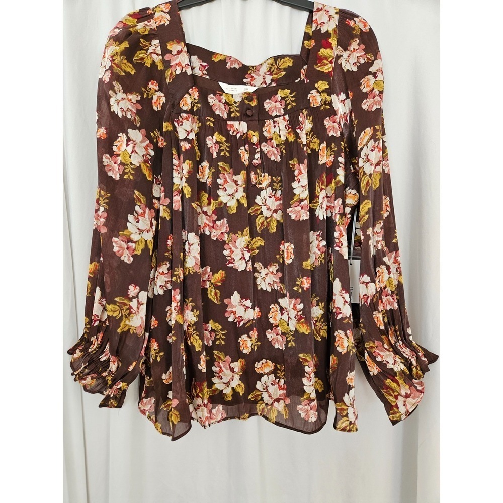 LAUREN CONRAD-BROWN/MULTI-FLORAL-SQUARE NECK-LONG  SLEEVE TOP-SIZE-XXL-NWT